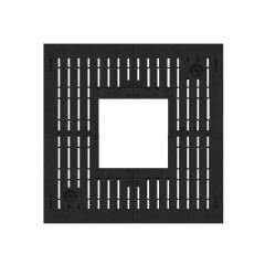 Schwarze, quadratische Platte aus Kunststoff mit zentralen Lüftungsschlitzen und einem quadratischen Ausschnitt in der Mitte