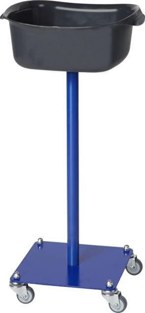 Ein blauer mobiler Auffangbehälter mit schwarzer Schale auf Rollen für den Einsatz in der Werkstatt.