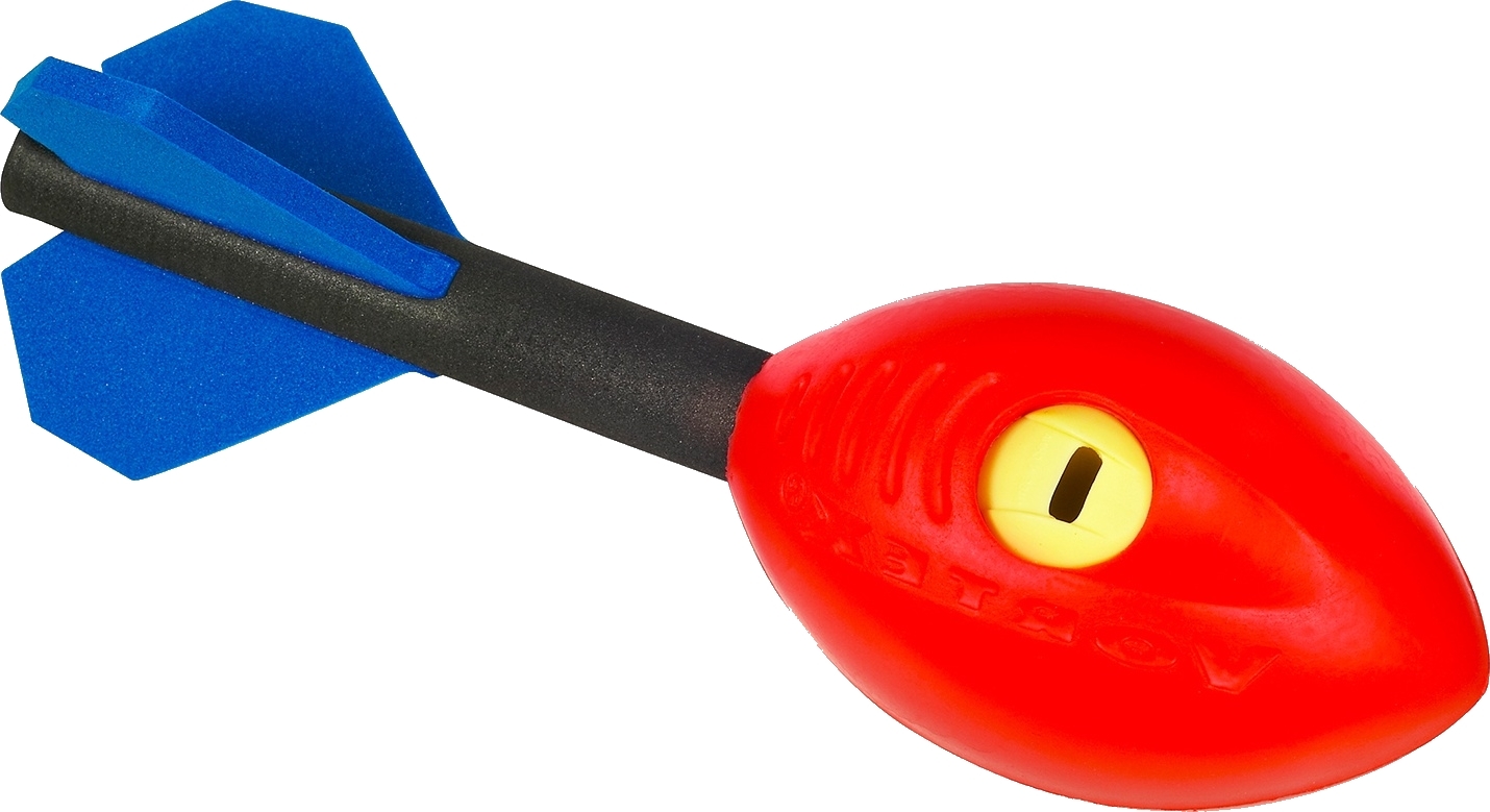 Roter Spielzeugwurfball mit blauen Flügeln und einer gelben Öffnung, ideal für Kinder zum Werfen und Fangen