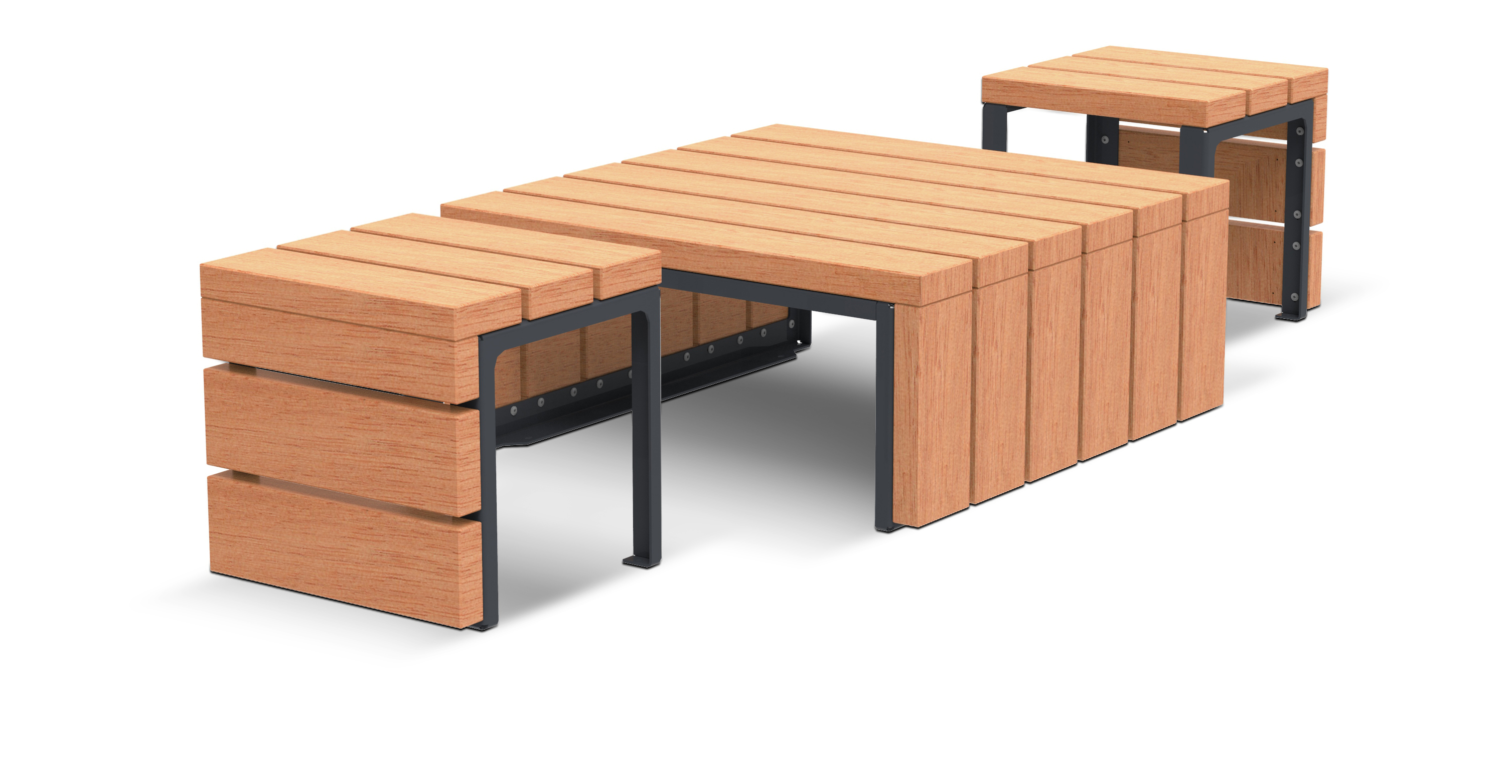 Moderner Holztisch mit passender Bank, kombiniert aus Holz und Metall, ideal für zeitgemäßes Wohnen