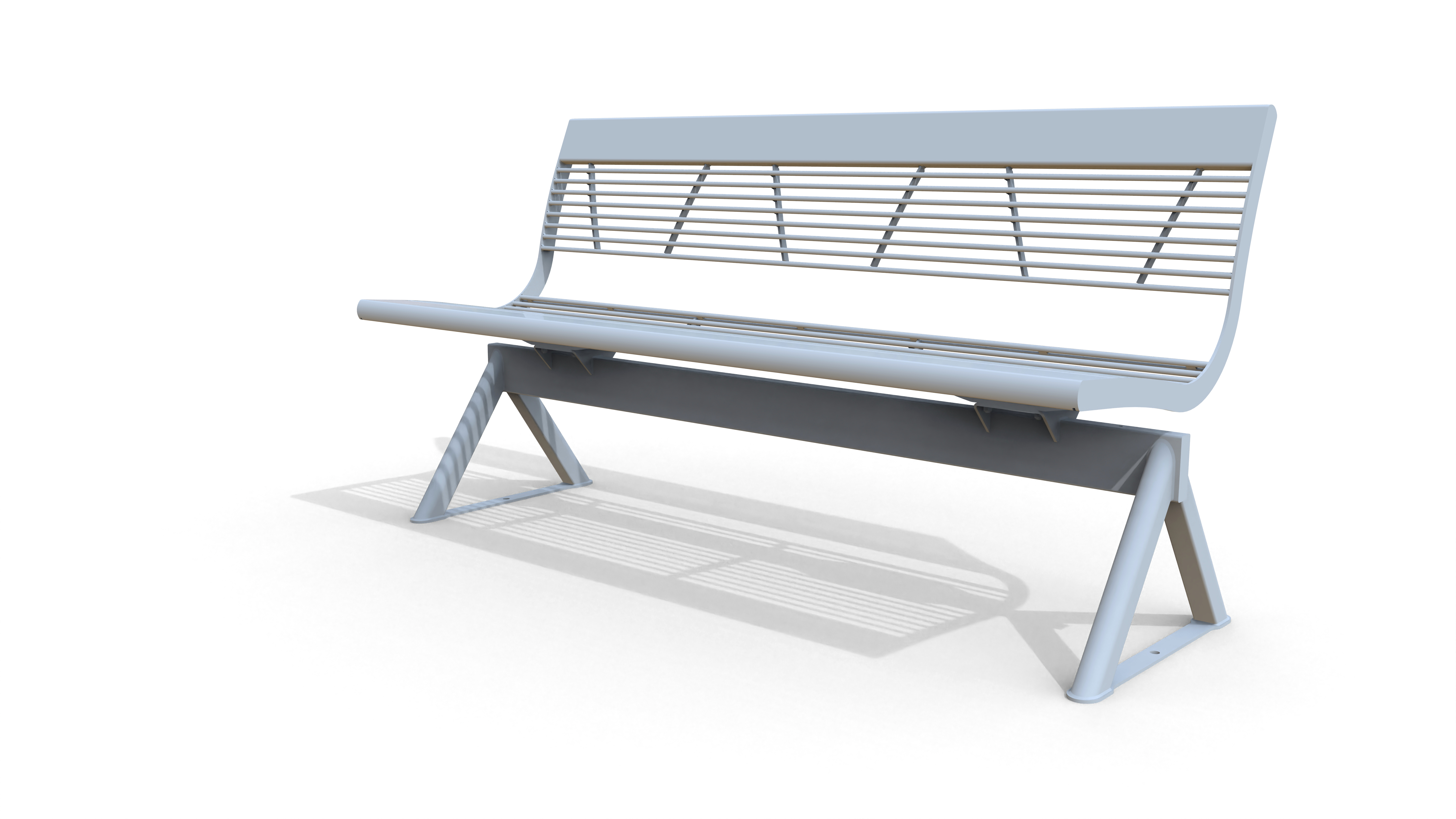 Abbildung einer modernen, grauen Metallbank mit minimalistischen Design für den Außenbereich