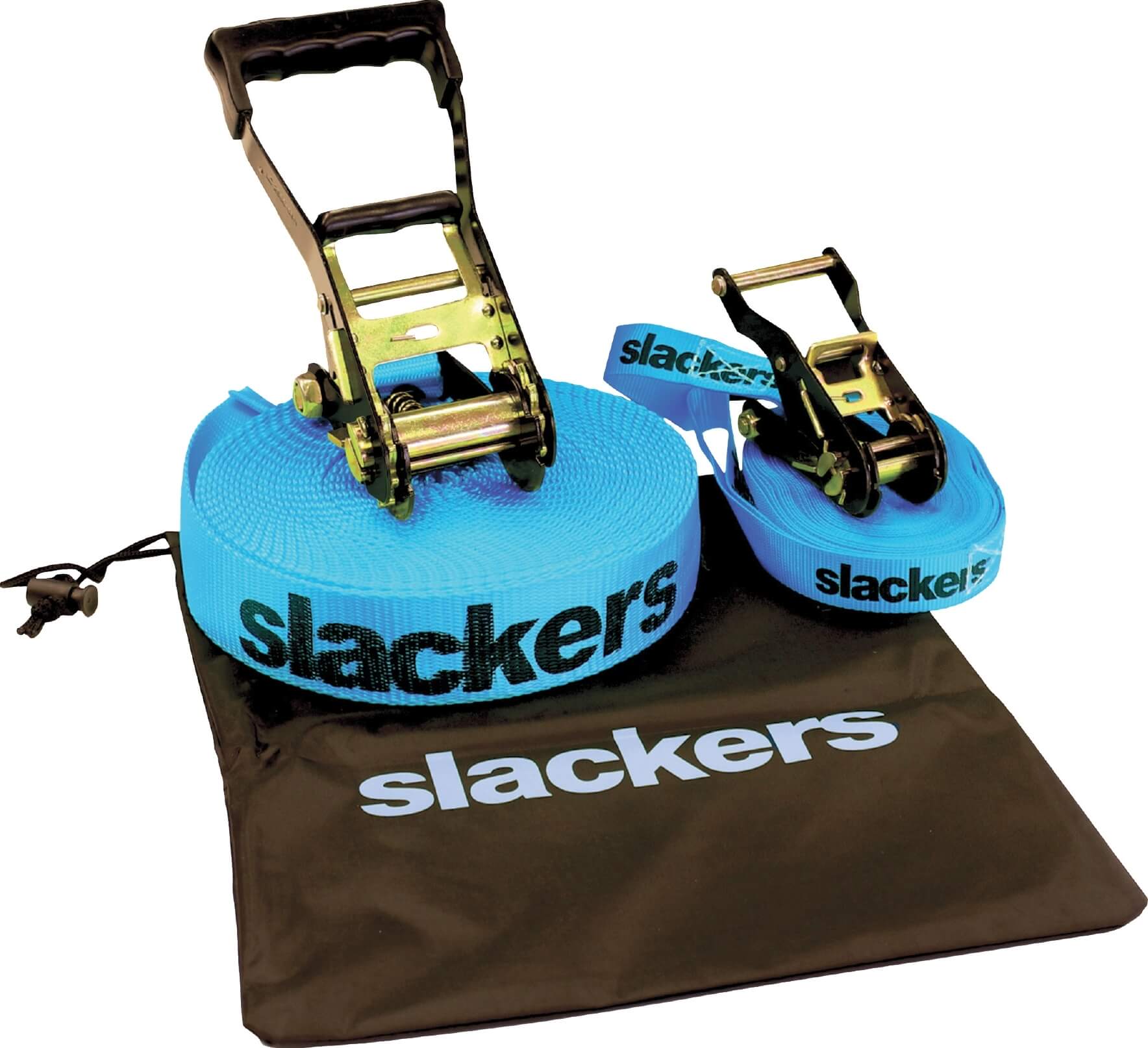 Slackline-Set bestehend aus blauen Gurtbändern mit Ratschen und einer schwarzen Tasche der Marke Slackers, geeignet für Outdoor-Aktivitäten