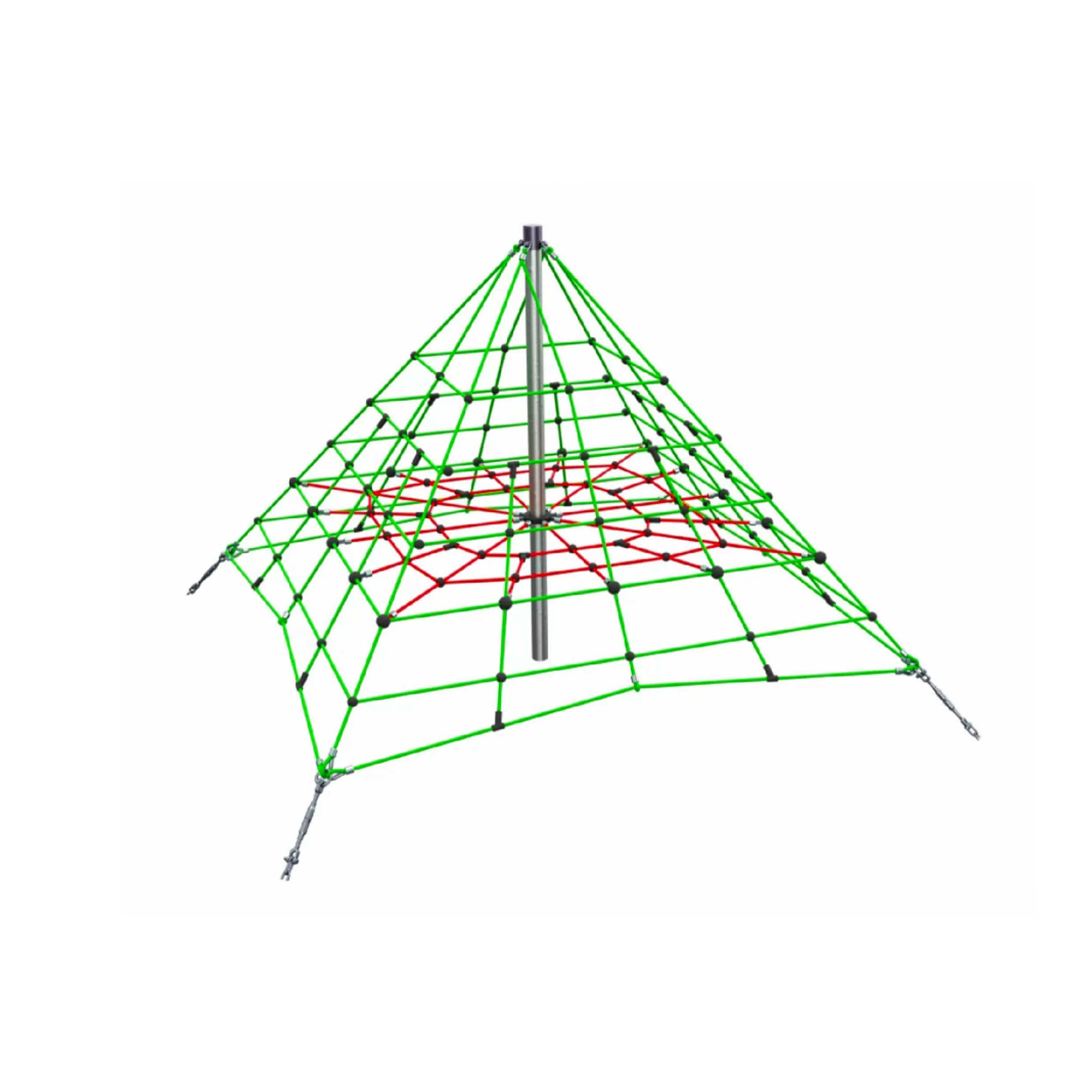 Grüne Ullman Kletterpyramide Typ 250-95 mit rotem Netzboden aus Herkules-Seilen und S-Haken, robuste Kletterstruktur für Spielplätze