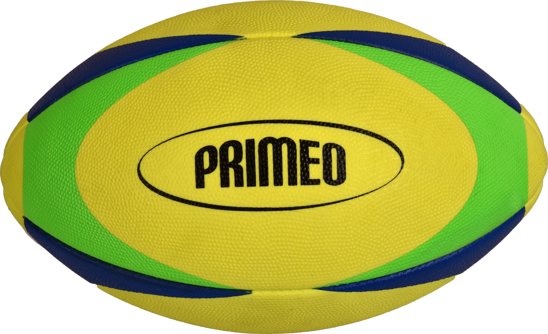 Rugbyball mit dem Aufdruck PRIMEO, in gelb mit grünen und blauen Streifen