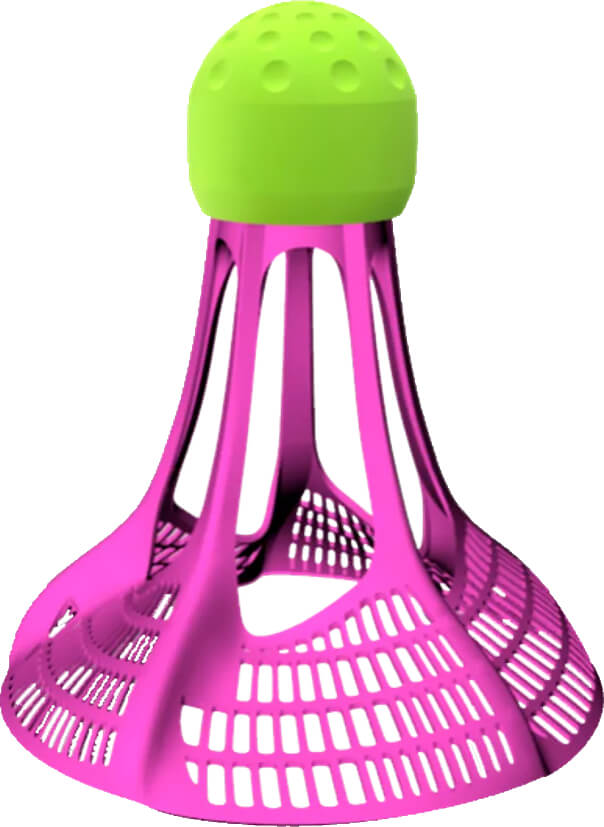 Ein pink- und limettengrüner Shuttlecock mit modernem Design für Sport oder Dekoration.