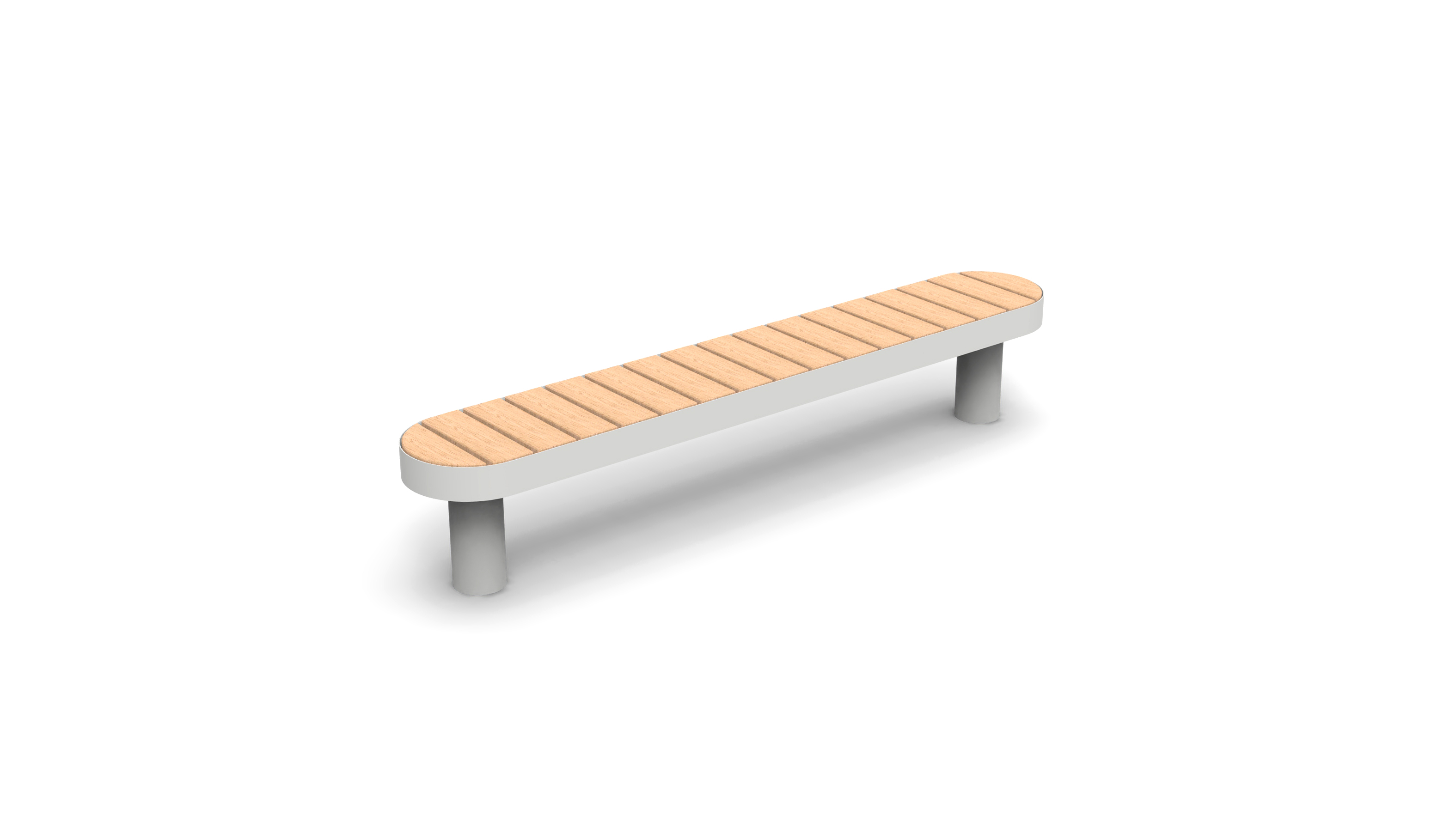 Lange Sitzbank mit Metallgestell und hölzerner Sitzfläche in modernem Design