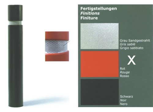 Bild einer stehenden Leuchte mit Details zur Farbauswahl: Grau Sandgestrahlt, Rot und Schwarz