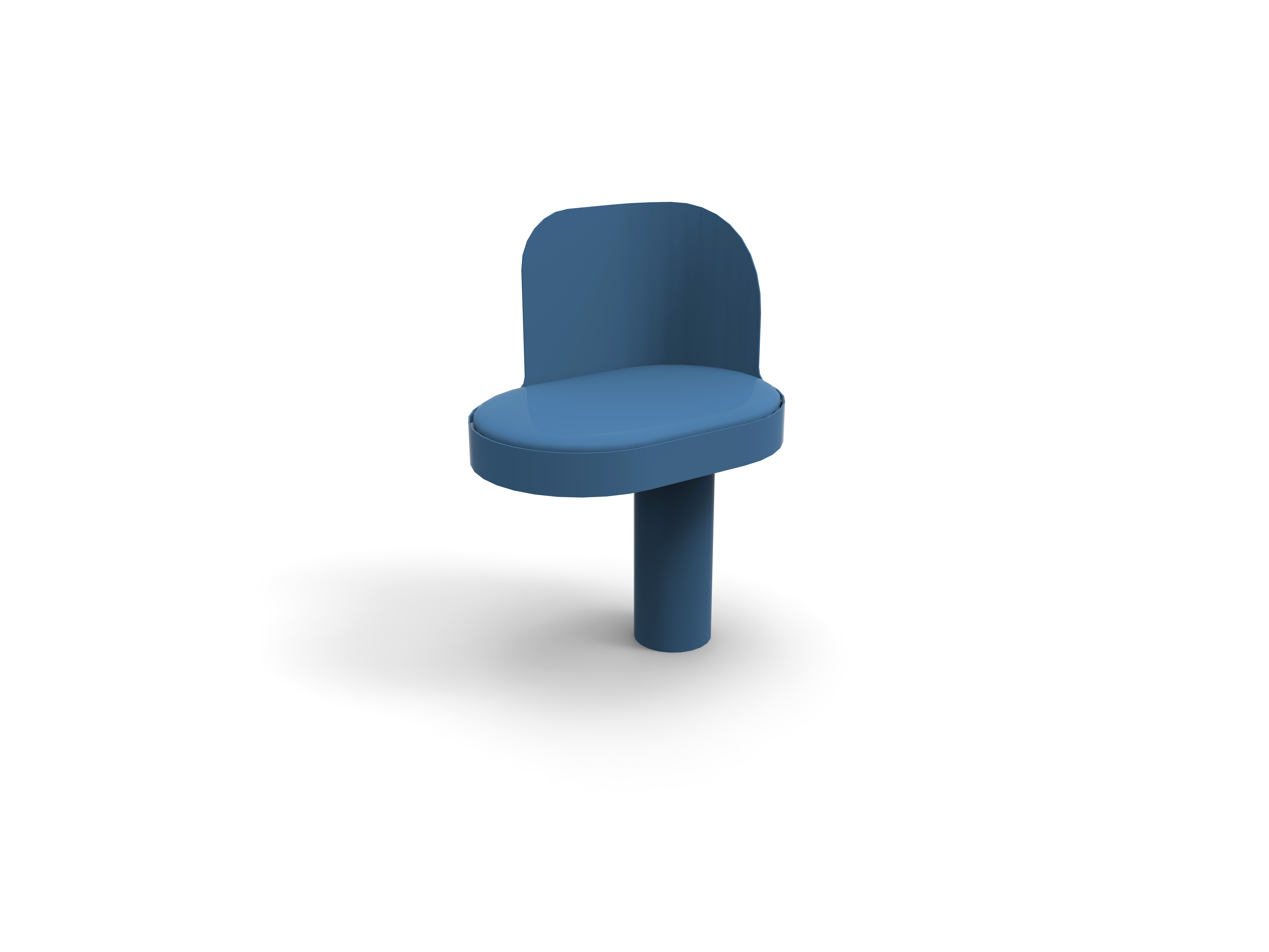 Ein moderner blauer Stuhl mit rundem Rückenteil und schlichtem Design