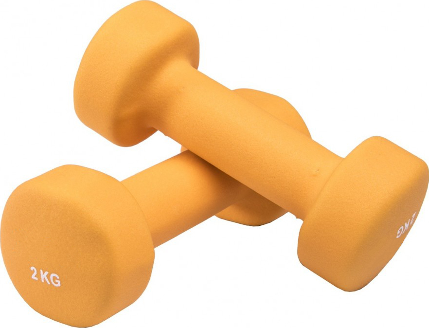 Ein Paar orangefarbene Neopren-Hanteln mit je 2 kg Gewicht für Fitnessübungen