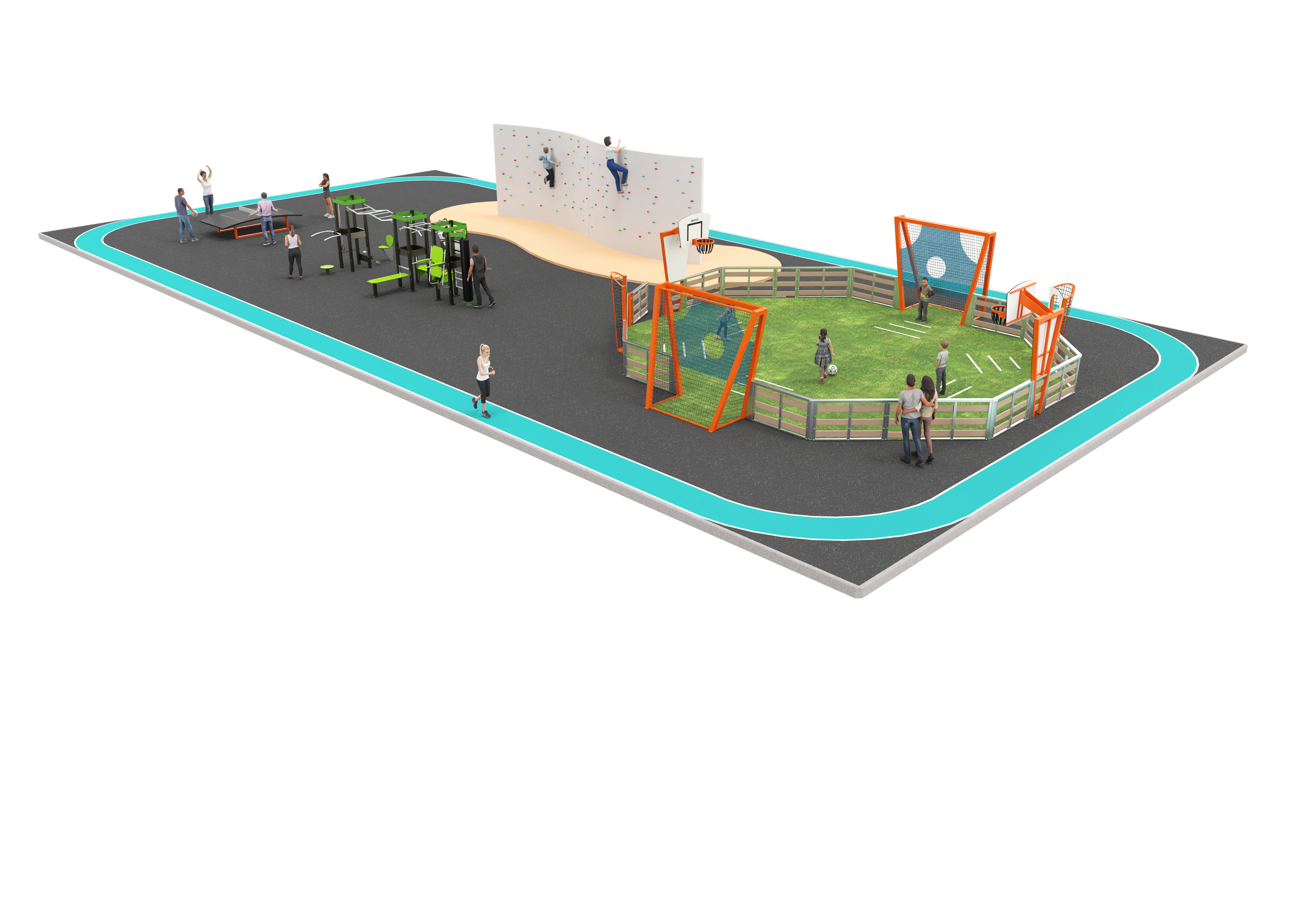 Illustration einer multifunktionalen Outdoor-Sportanlage mit Kletterwand, Fitnessgeräten, Spielfeld und umlaufender Laufbahn