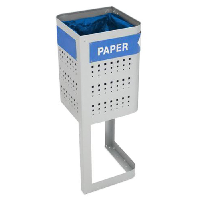 Silberner Metallbehälter für Papierabfälle mit blauem Einsatz, geeignet für Recyclingzwecke.