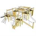Illustration 3D d'une structure d'escalade moderne pour enfants en bois clair avec toboggans et éléments à grimper