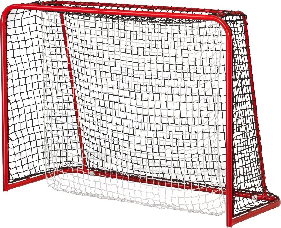 Stabiles Eishockeytor mit rotem Rahmen, ideal für Trainings und Spiele im Innen- oder Außenbereich.