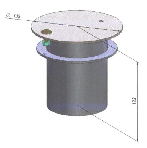 Abbildung eines runden Bodentanks mit Abdeckung, Durchmesser 135 mm und Höhe 123 mm, seitliche Ansicht mit technischen Details