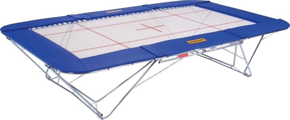 Rechteckiges Trampolin mit robuster blau-weißer Struktur, ideal für Fitness und Spaß
