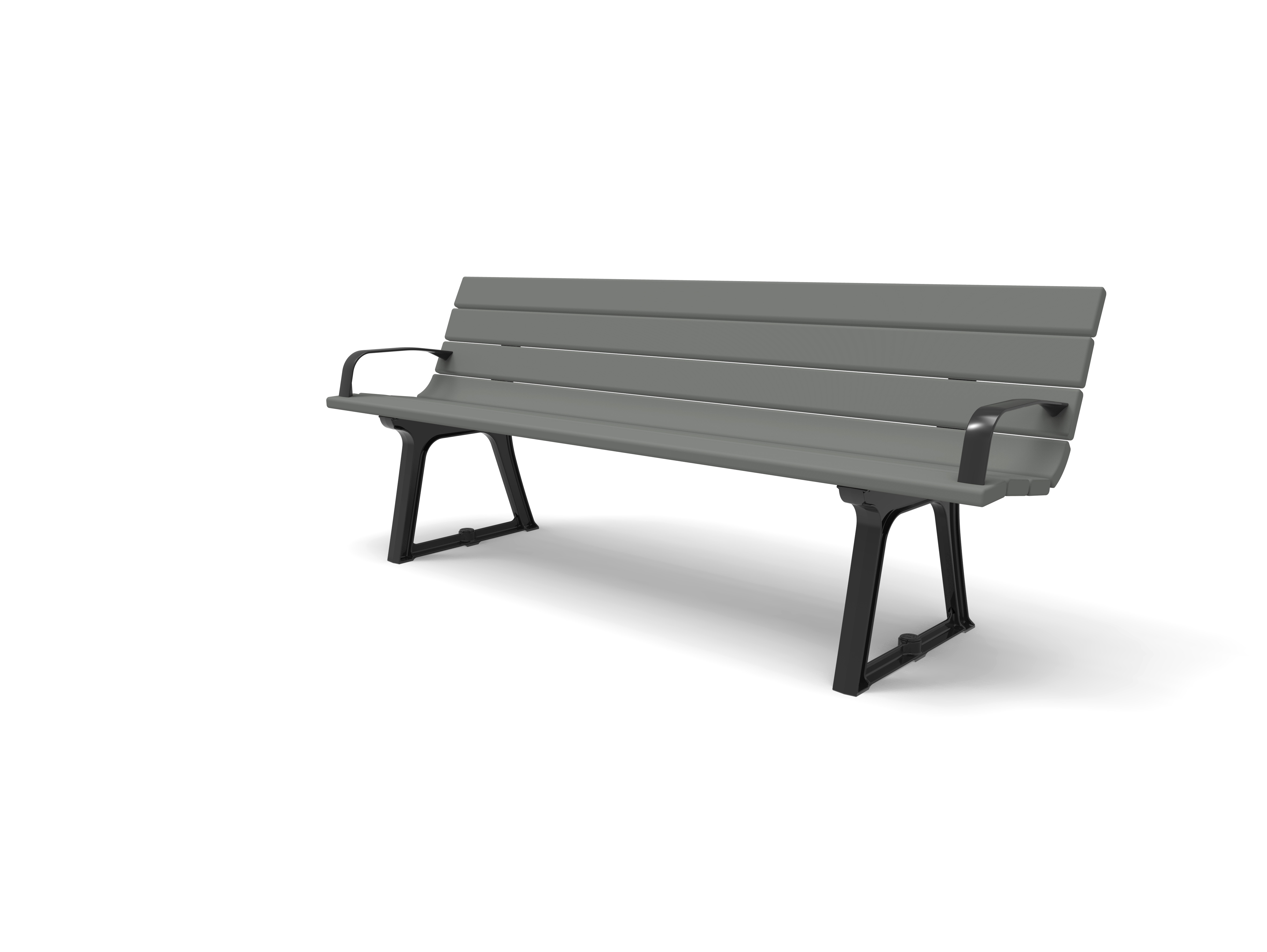 Graue Parkbank mit Metallfüßen und Armlehnen, ideal für den Außenbereich