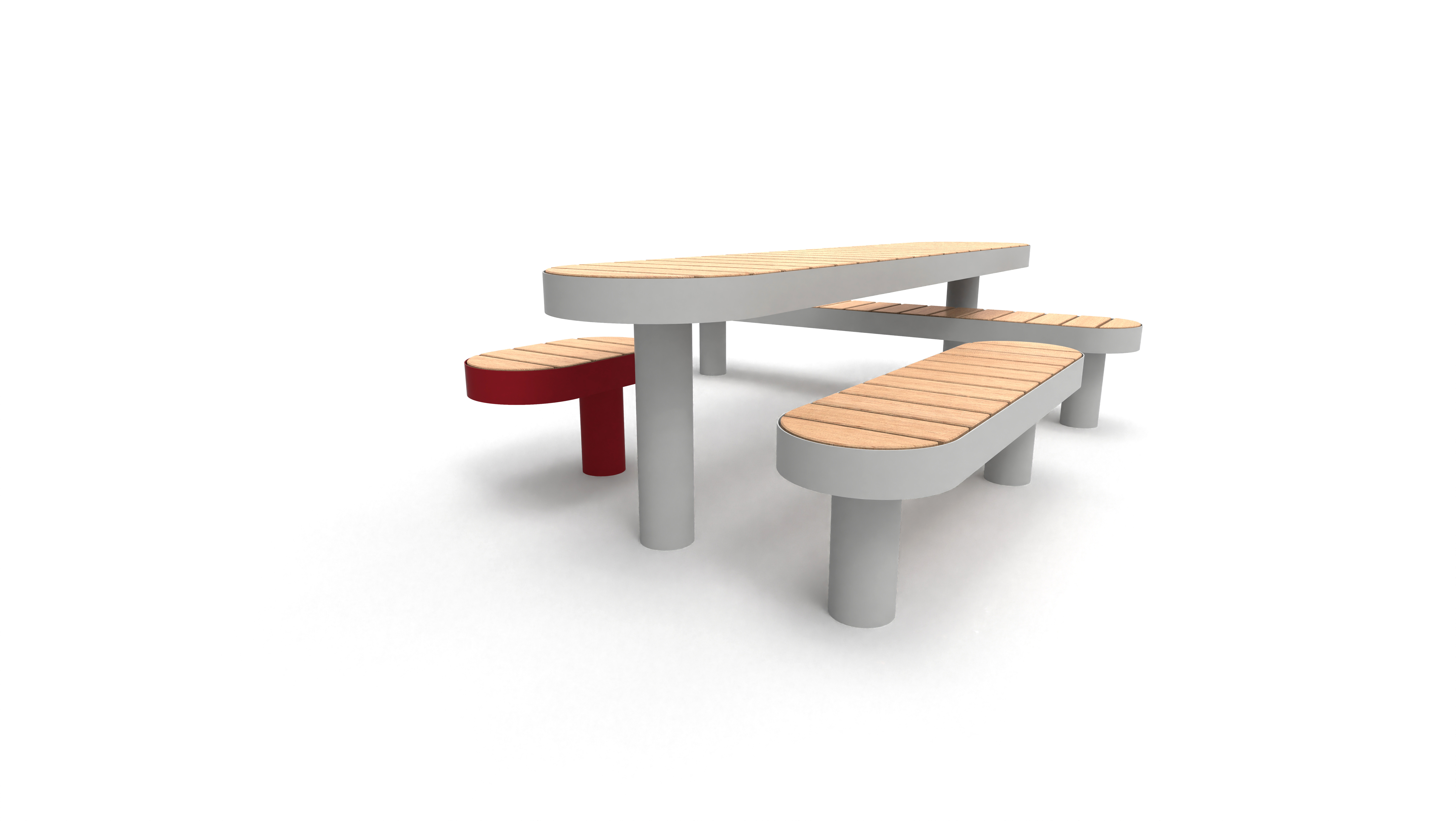Stilvolles Picknicktischset mit Holzoberfläche und Metallfüßen, inklusive rotem Hocker.