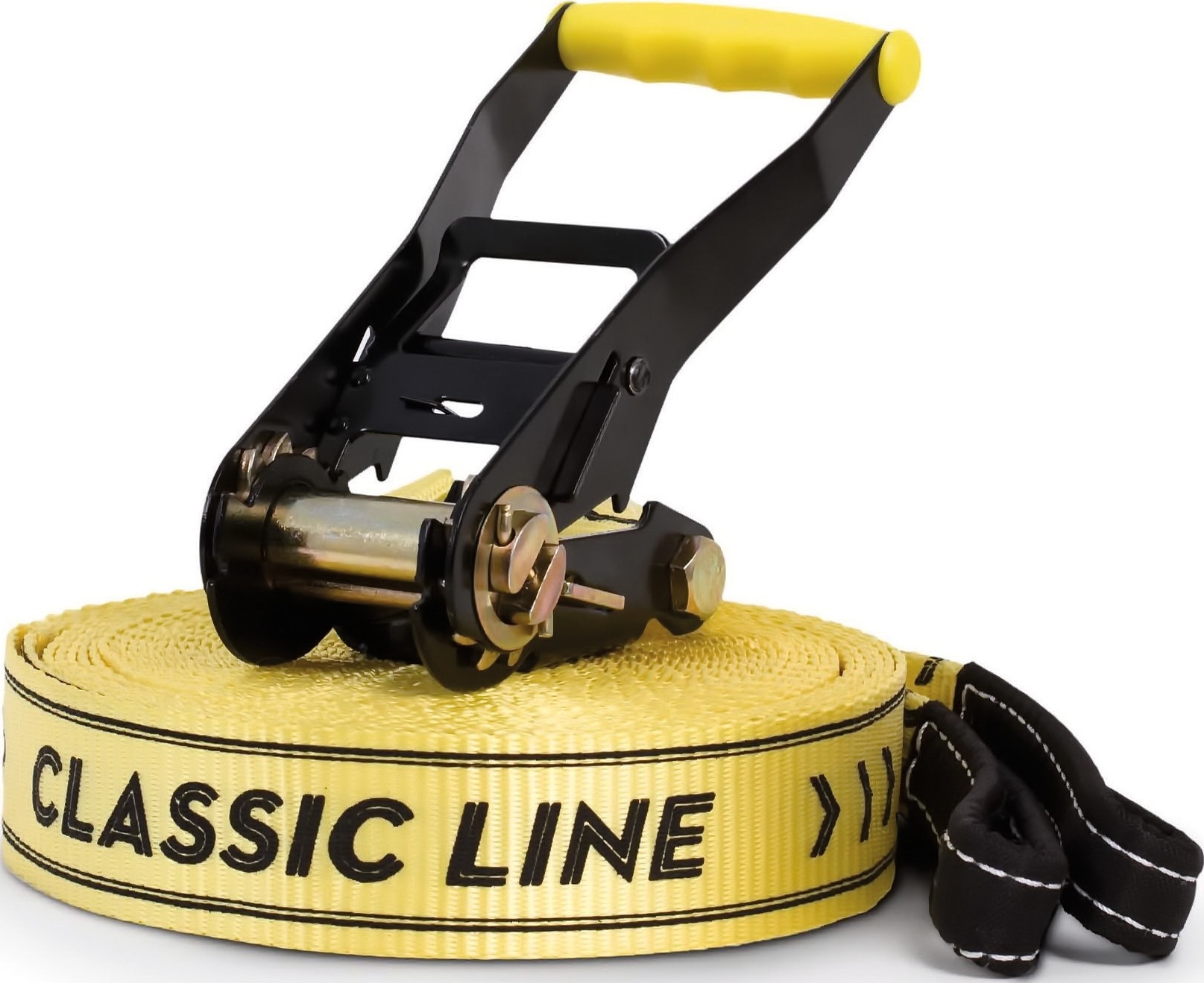 Slackline Set Classic Line mit Ratsche und gelbem Band für Balanceübungen