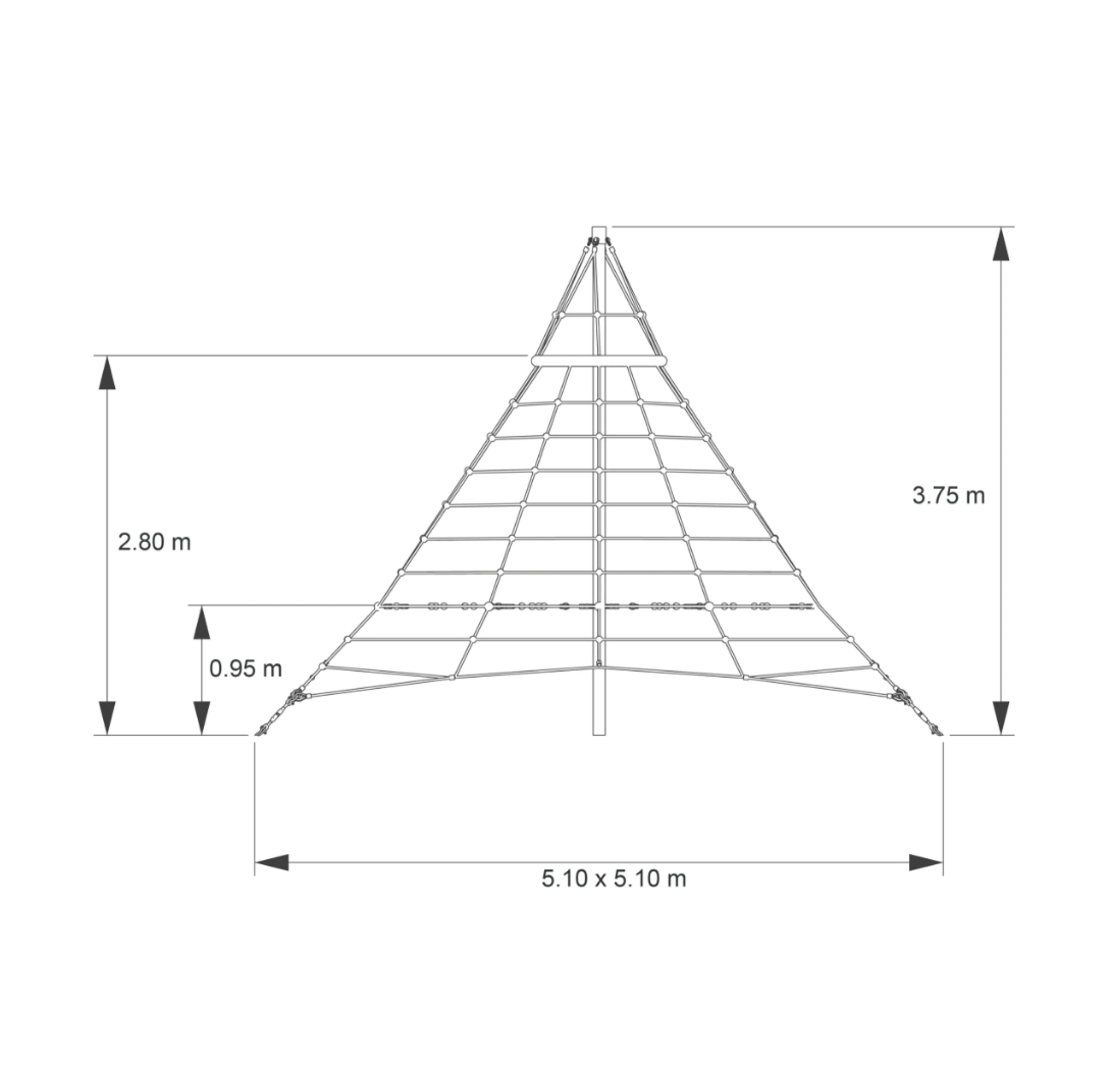 Dessin technique d'une pyramide à grimper en corde d'une hauteur totale de 3,75 m, hauteur de plate-forme de 0,95 m et surface de base de 5,10 x 5,10 m