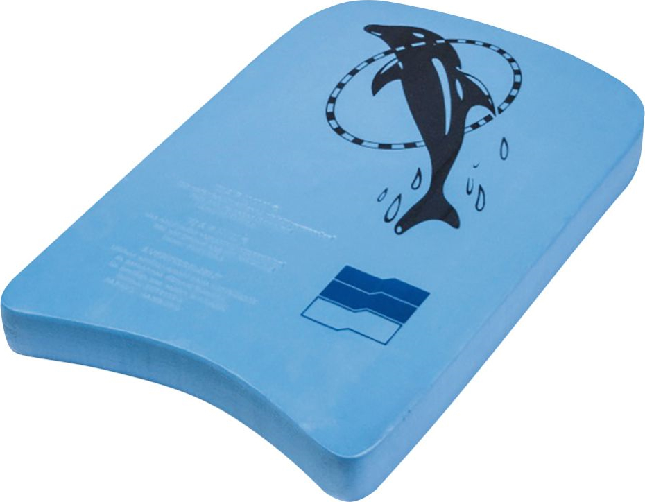 Ein blaues Schwimmbrett mit einem aufgedruckten springenden Delfin.