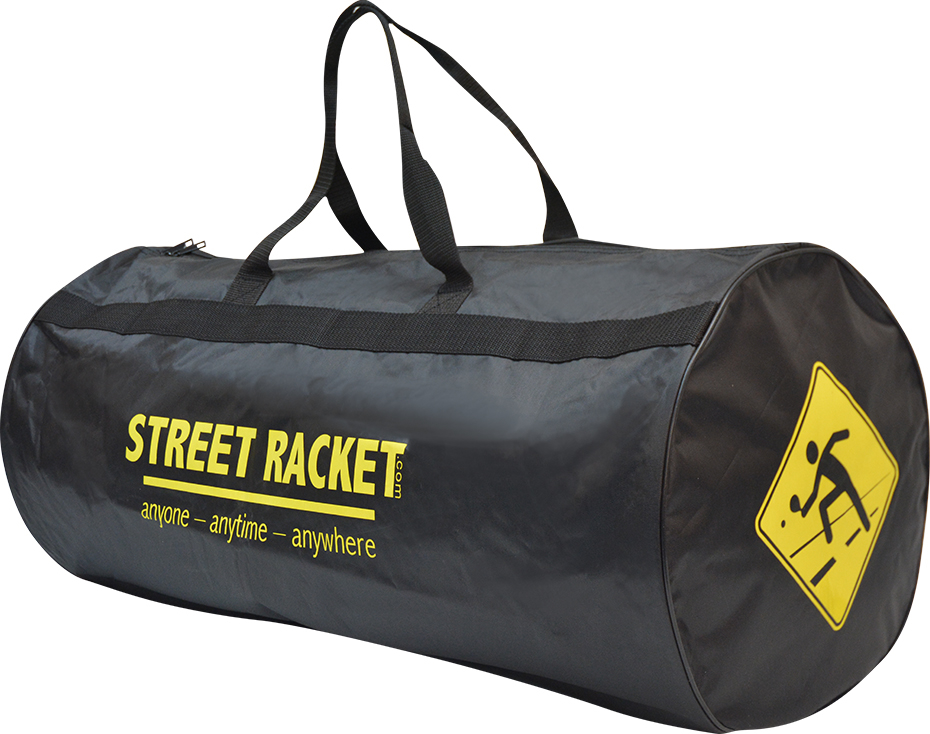 Schwarze Street Racket Sporttasche mit gelbem Logo und Icon