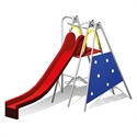 Toboggan pour enfants rouge avec structure d'escalade bleue et poignées jaunes, idéal pour le jardin