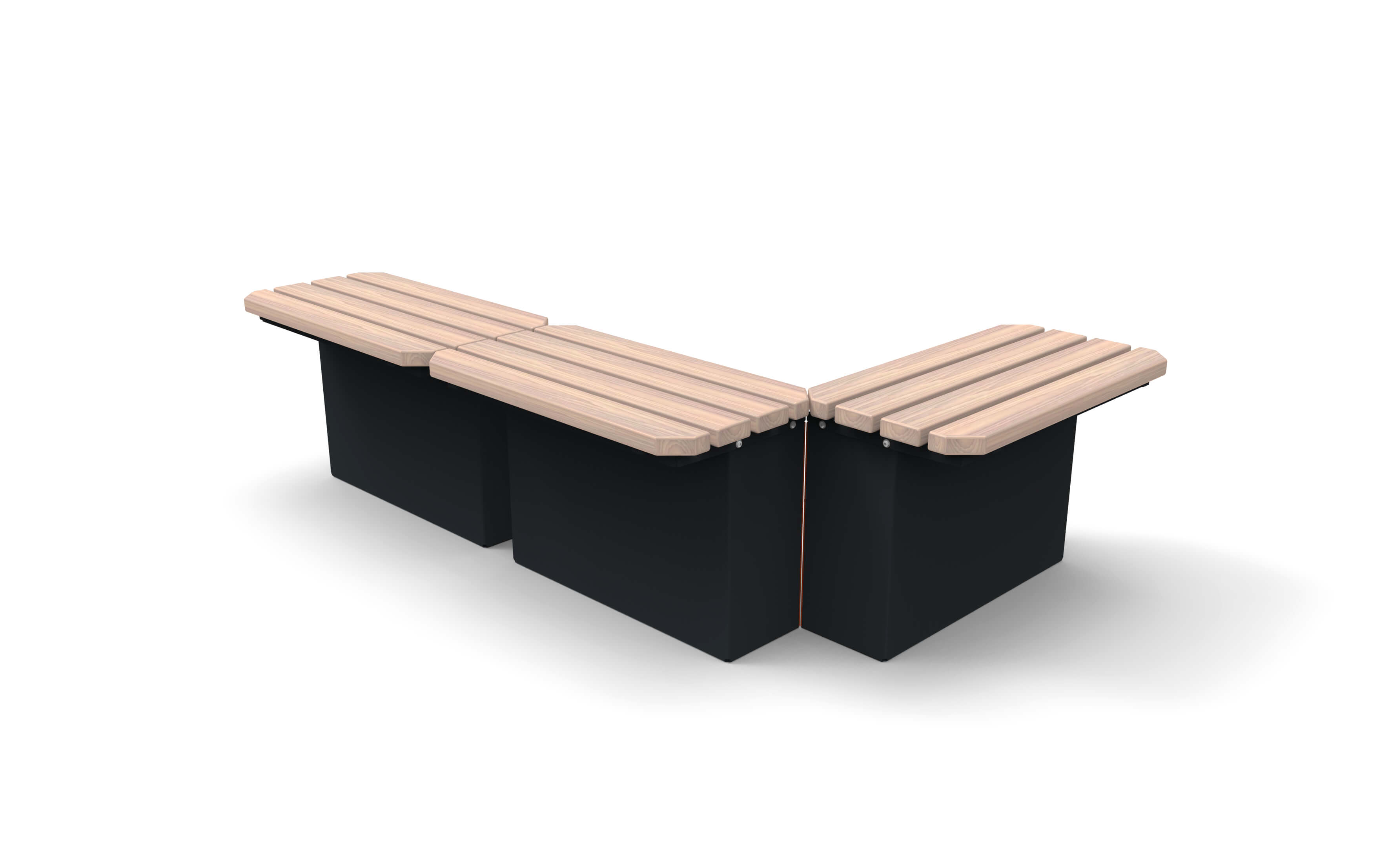Eckförmige Sitzbank mit hellem Holz und schwarzem Metallrahmen, ideal für den modernen Garten
