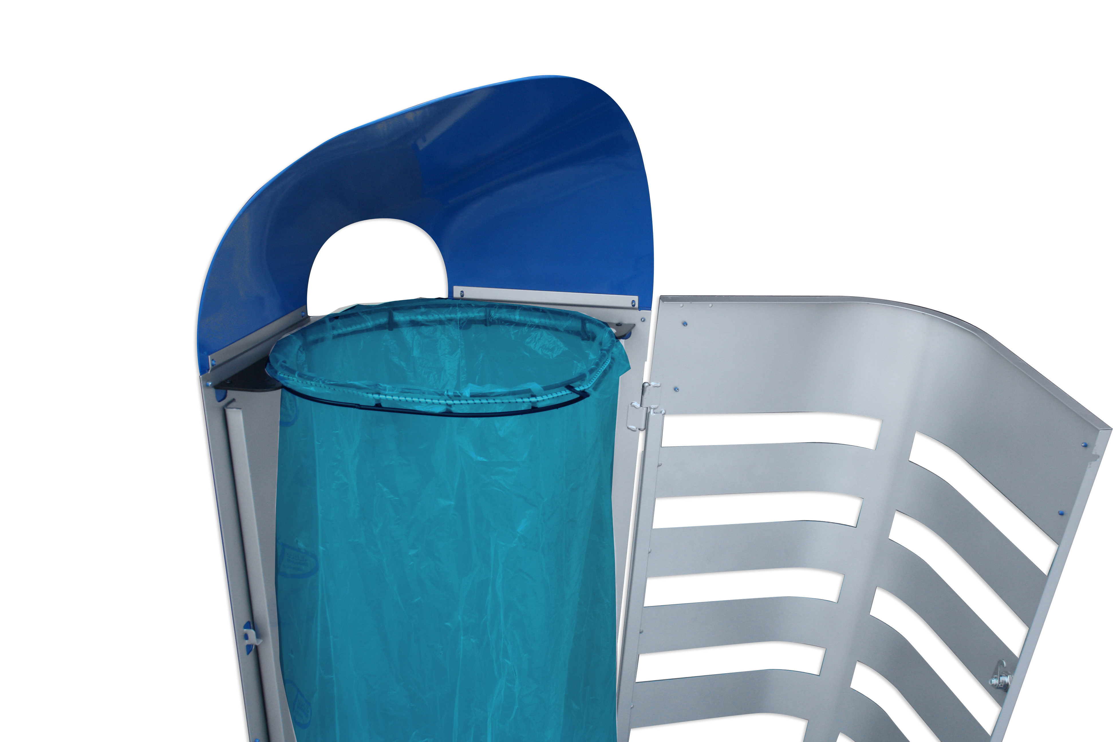 Ein modernes Abfallsystem mit blauem Deckel und einem integrierten blauen Beutel, ideal für effiziente Abfallentsorgung.