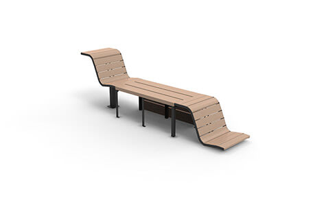 Innovative Parkbank aus Holz mit ergonomisch geschwungenen Sitzflächen auf einem stabilen Metallrahmen, ideal für öffentliche Plätze und Gärten.