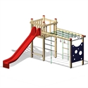 Aire de jeux en bois pour enfants avec toboggan rouge et possibilités d'escalade