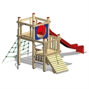 Aire de jeux en bois avec toboggan coloré et filet à grimper pour les enfants