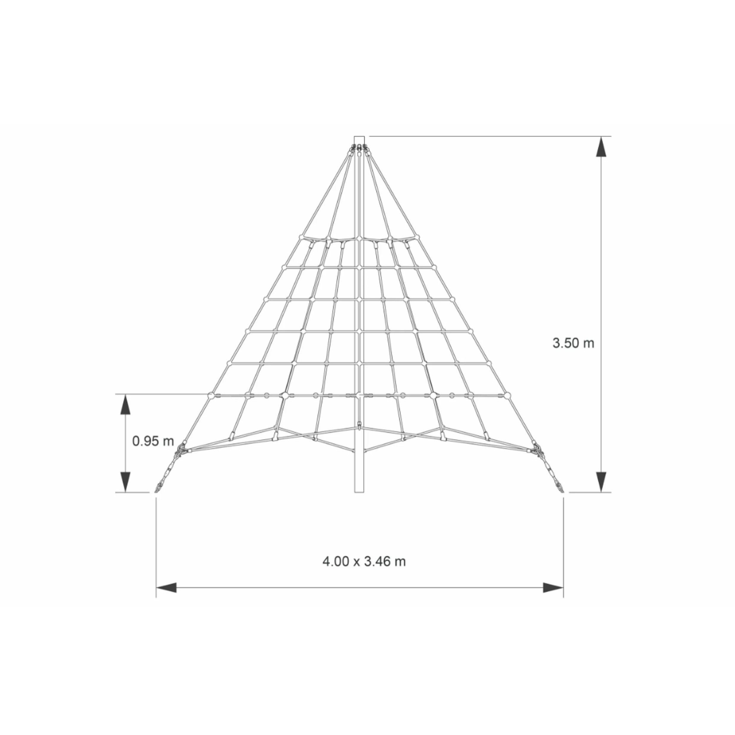 Technische Zeichnung einer Kletterpyramide mit Seilnetz für den Spielplatz, Höhe 3,50 m, Grundfläche 4,00 x 3,46 m, Einstiegshöhe 0,95 m