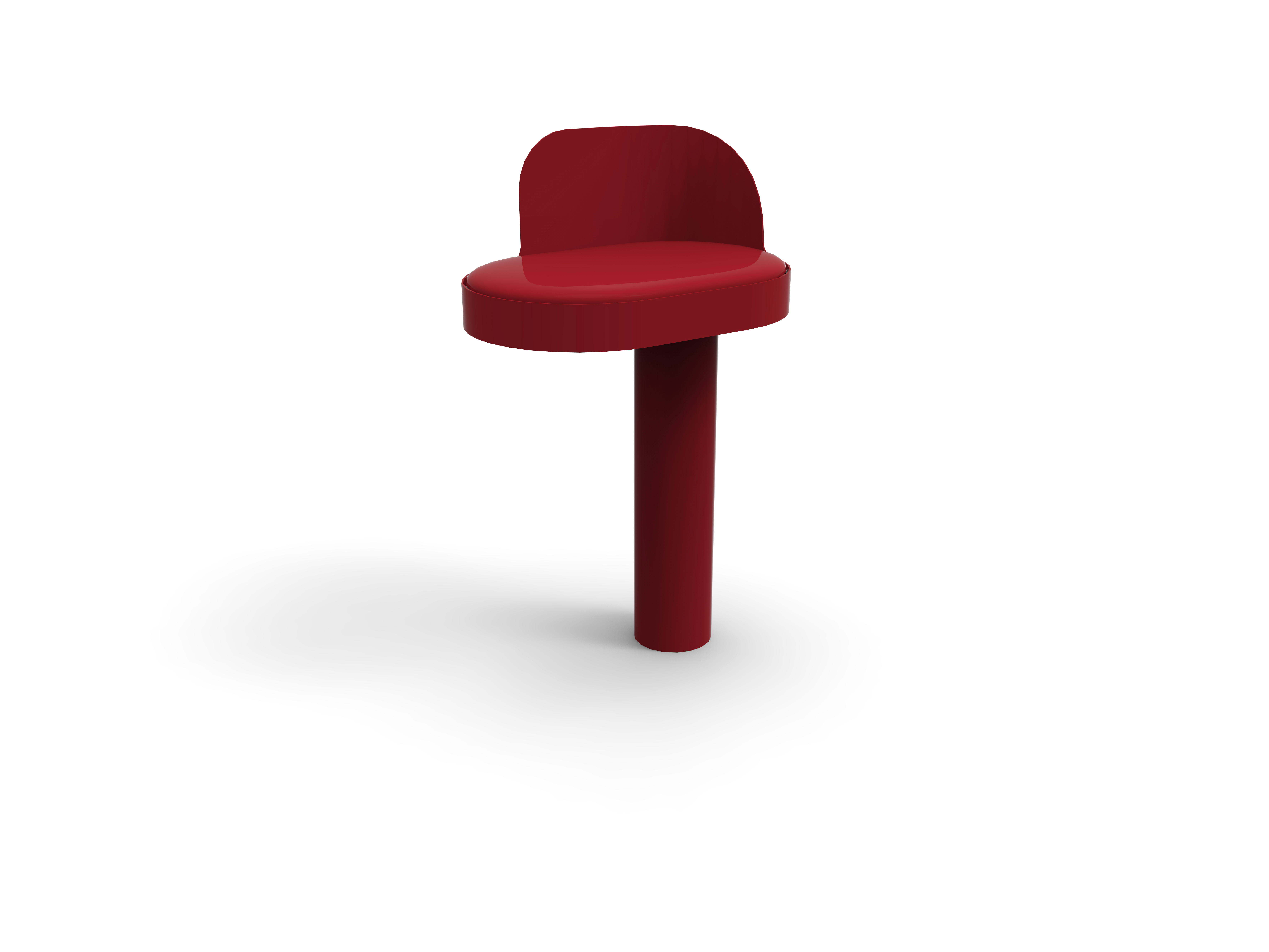 Ein roter, moderner Barhocker mit rundem Sitz und eleganter Rückenlehne auf weißem Hintergrund
