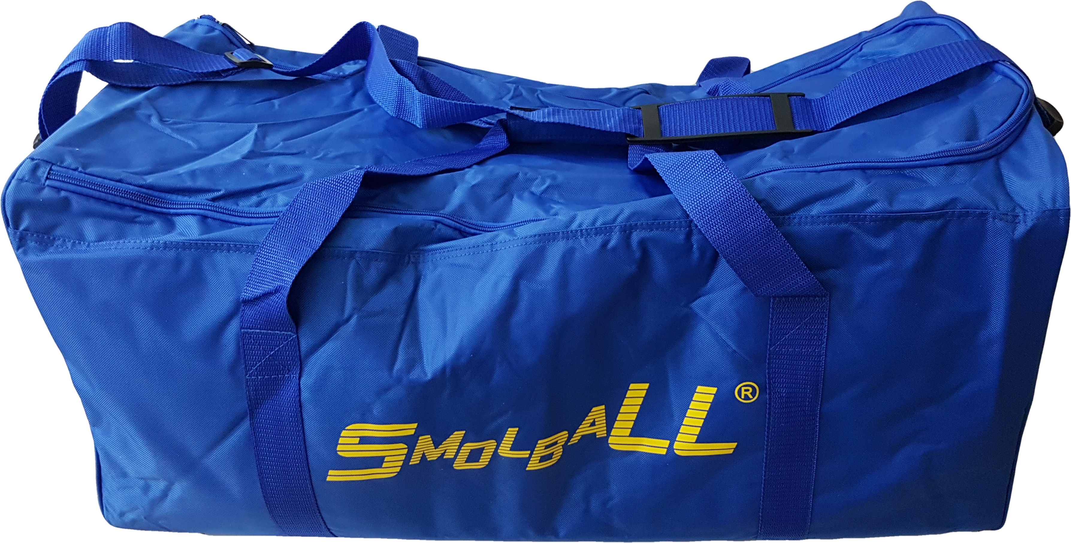 Große blaue Sporttasche mit Tragegurten und aufgedrucktem Logo
