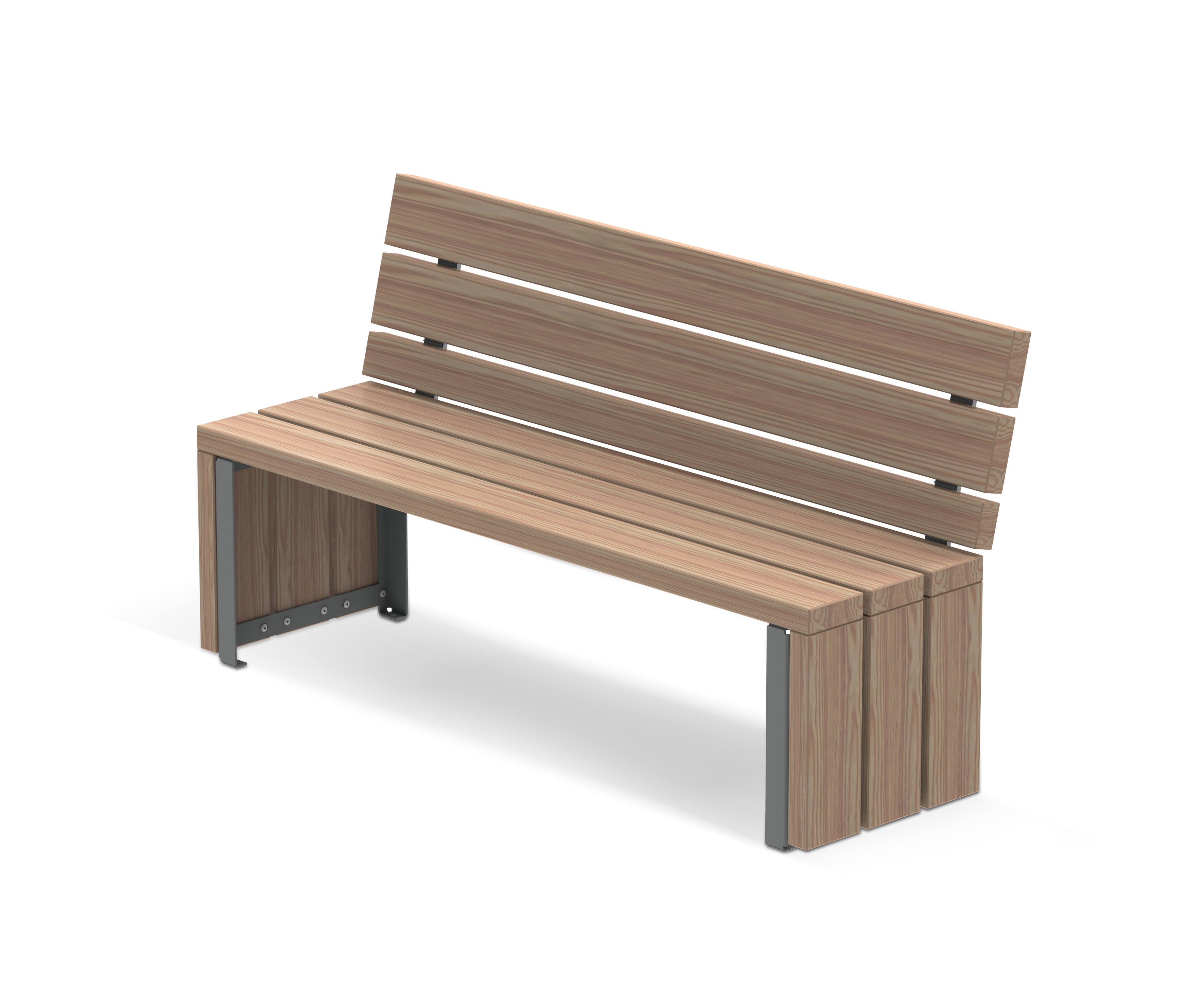 Seitenansicht einer modernen Gartenbank aus Holz mit robusten Metallbeinen
