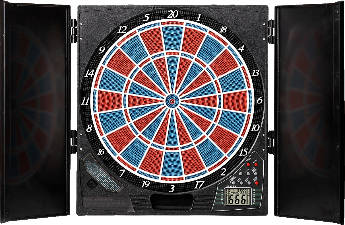 Abbildung einer elektronischen Dartscheibe mit farbigen Segmenten, LCD-Anzeige und seitlichen Klapptüren, perfekt für Indoor-Spiele.