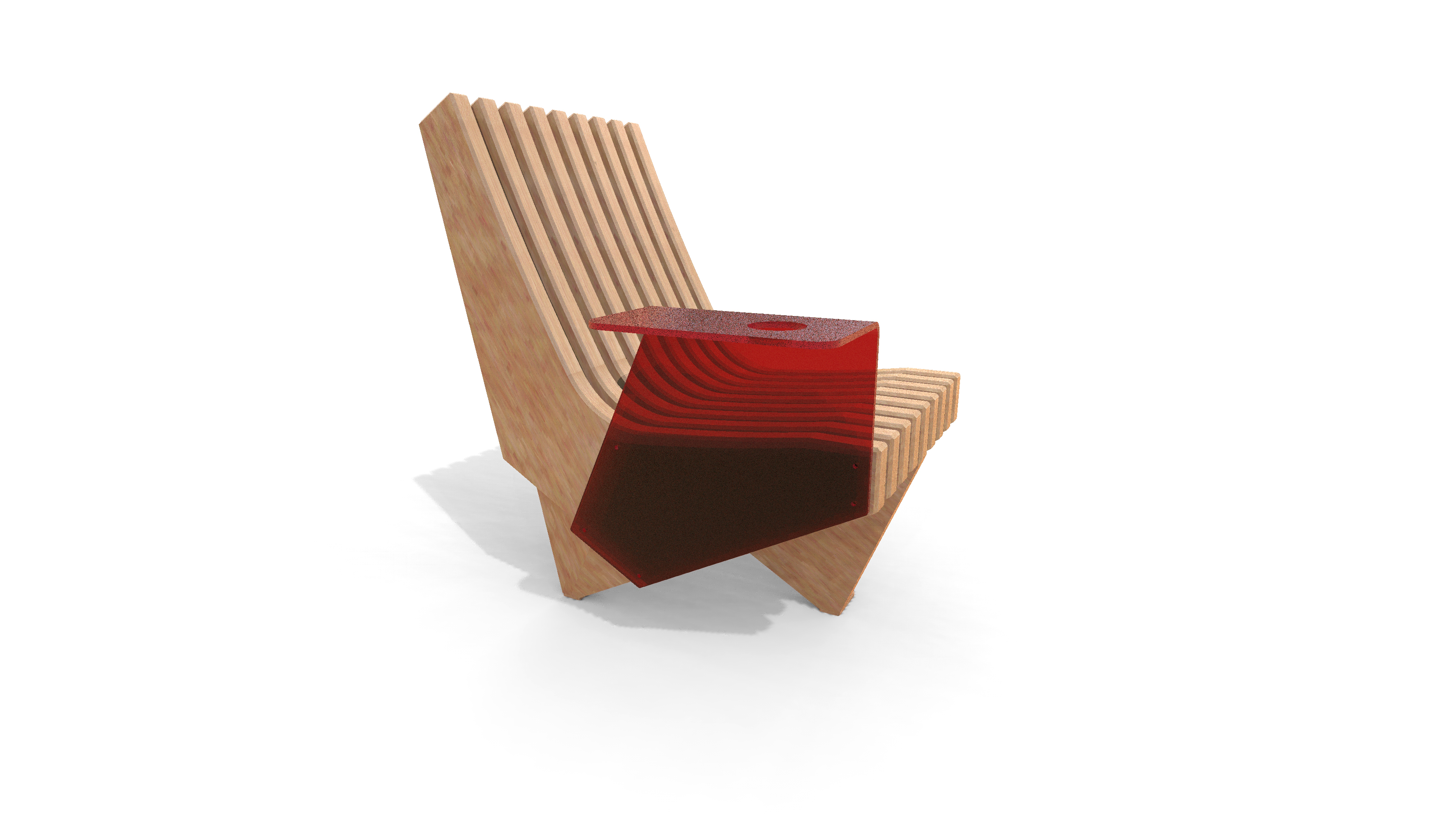 Chaise en bois unique avec élément de design géométrique rouge