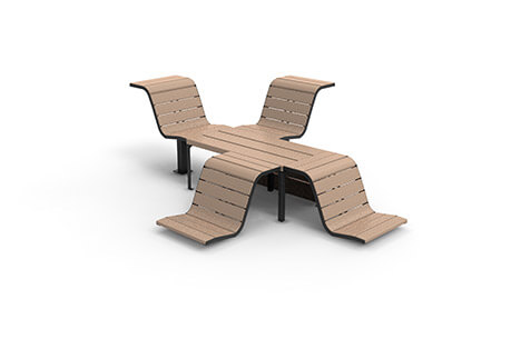 Innovatives, wellenförmiges Outdoor-Sitzmöbel aus Holzlatten mit Metallgestell