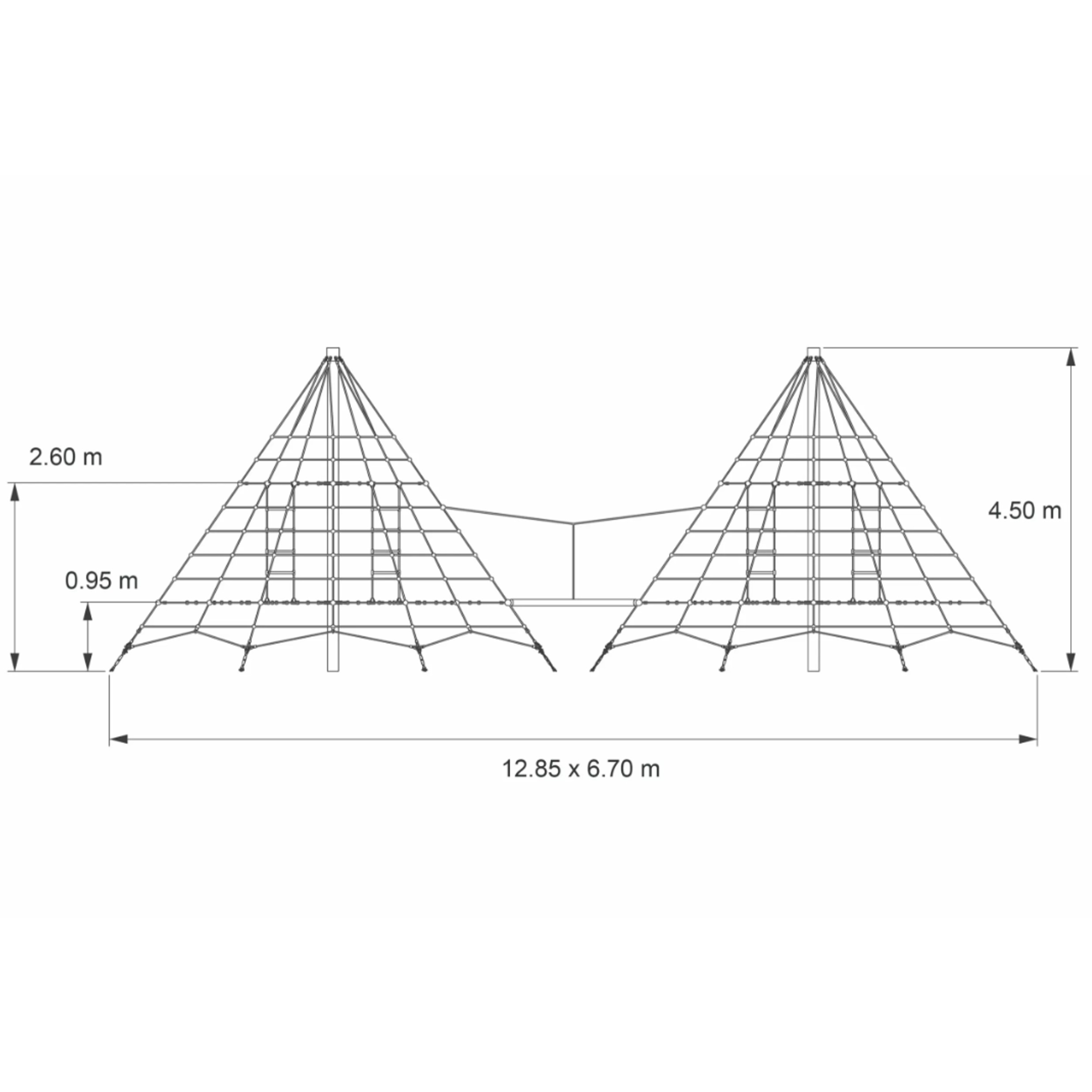 Technische Zeichnung der Ullmann Kletterpyramide Typ 450-95 DUO mit Netzboden, zwei verbundene Kletternetze aus Herkules-Tauwerk, Maße 12,85 x 6,70 m, Höhe bis 4,50 m für öffentlichen Spielplatz