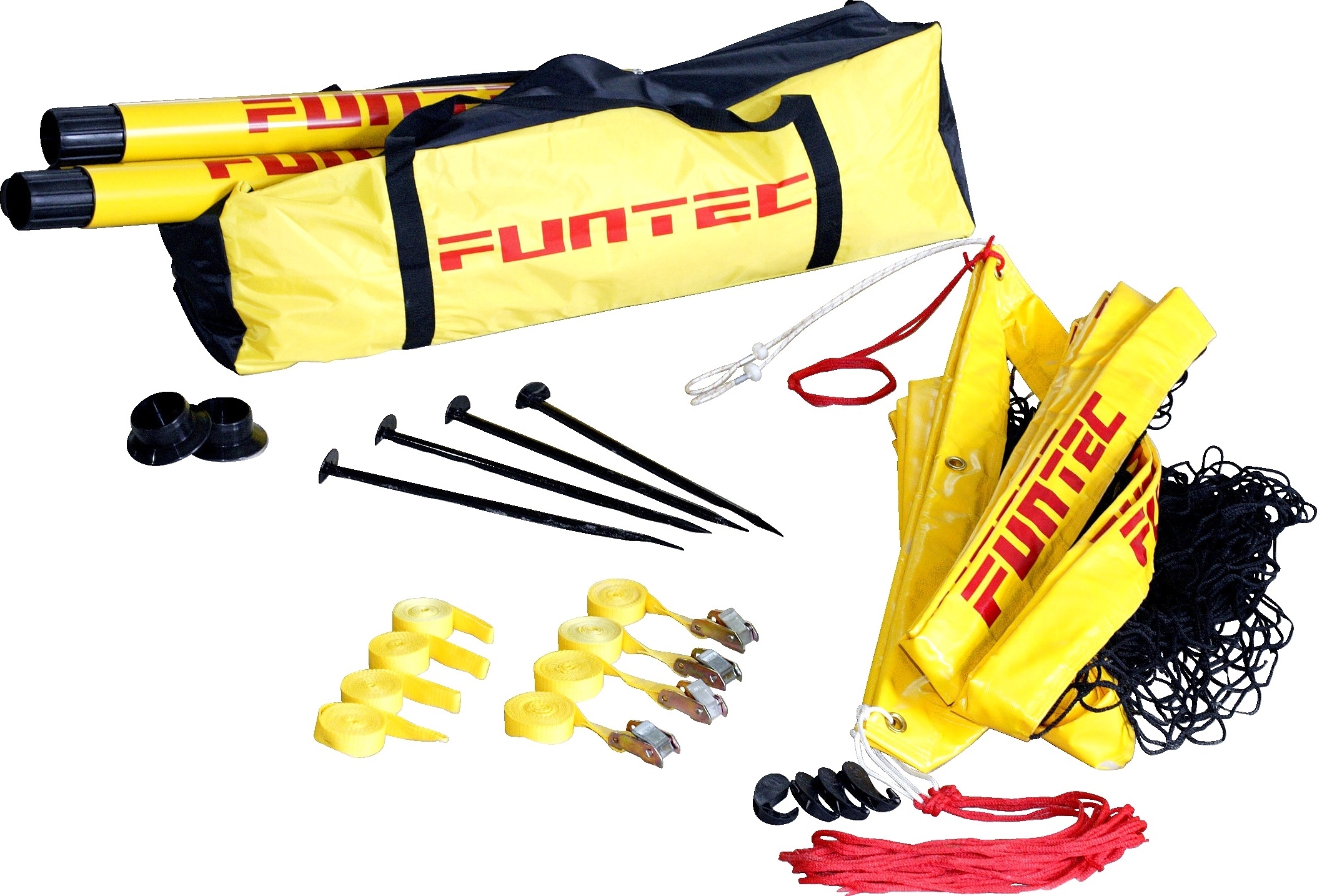 Volleyballnetz-Set inklusive gelber Tragetasche, Netz, Pfosten, Heringen und Befestigungsmaterial