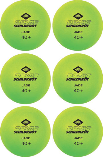 Sechs grüne Donic Schildkröt Tischtennisbälle Modell Jade 40+ in einer Anordnung von zwei Reihen mit je drei Bällen