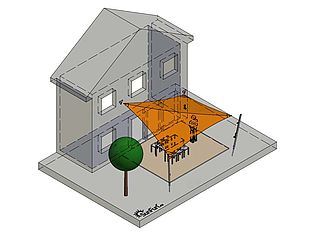 Illustration d'une maison avec un auvent orange au-dessus de la terrasse et un arbre dans le jardin