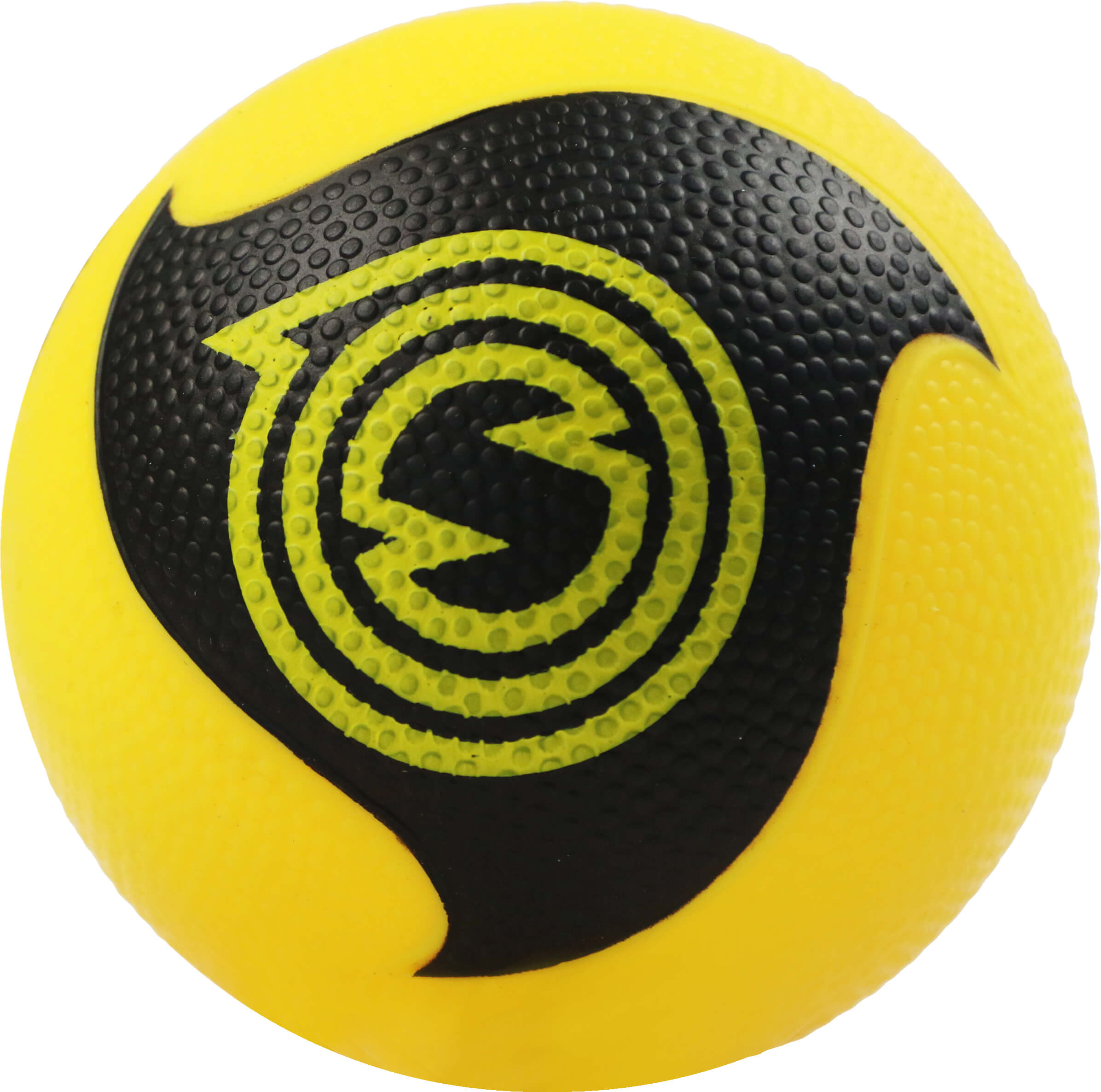 Runder gelber Ball mit schwarzem Muster und kreisförmigem Symbol