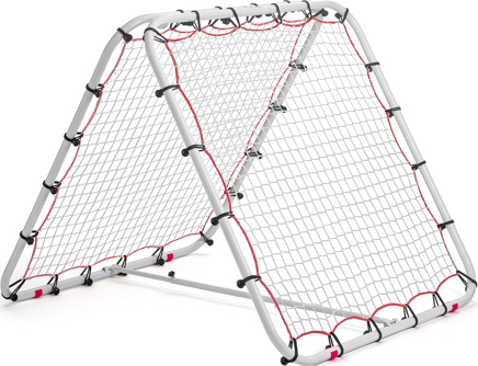 Ein weißes, doppelseitig gespanntes Rebounder-Netz mit robustem Gestell für Fußballtraining, ideal zur Verbesserung von Technik und Ballkontrolle.