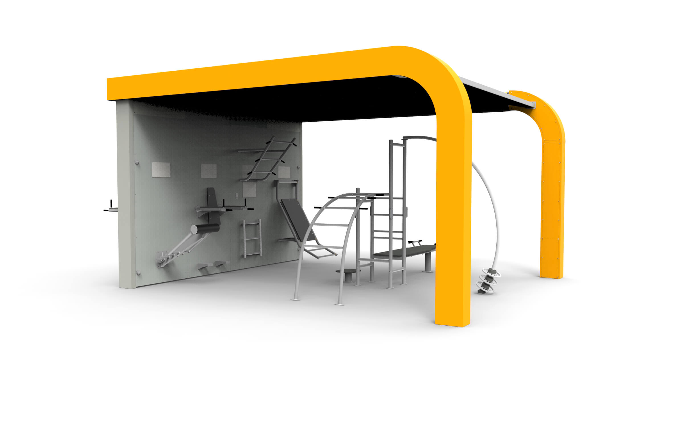 Une tour d'entraînement Fitnesspark moderne et modulaire avec un toit jaune, équipée pour différentes méthodes d'entraînement.