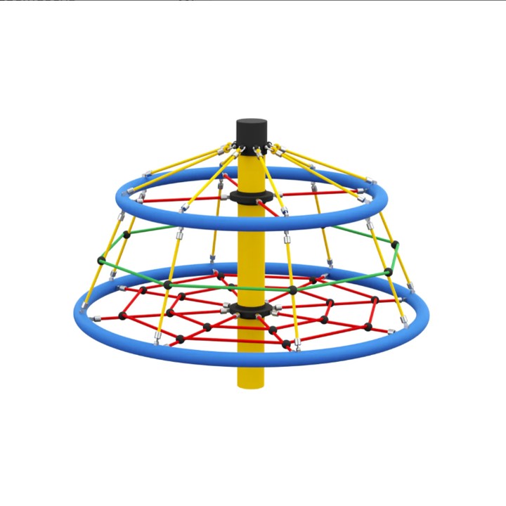 Buntes Kletternetz-Karussell mit gelbem Mittelpfosten, blauen Ringen und Seilnetz für Spielplätze