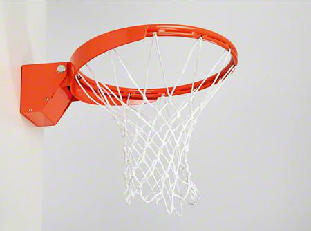 Ein roter Basketballkorb aus Metall mit einem weißen Netz, an der Wand montiert, geeignet für den Innenbereich. Ideal zum Basketballspielen in Innenräumen.