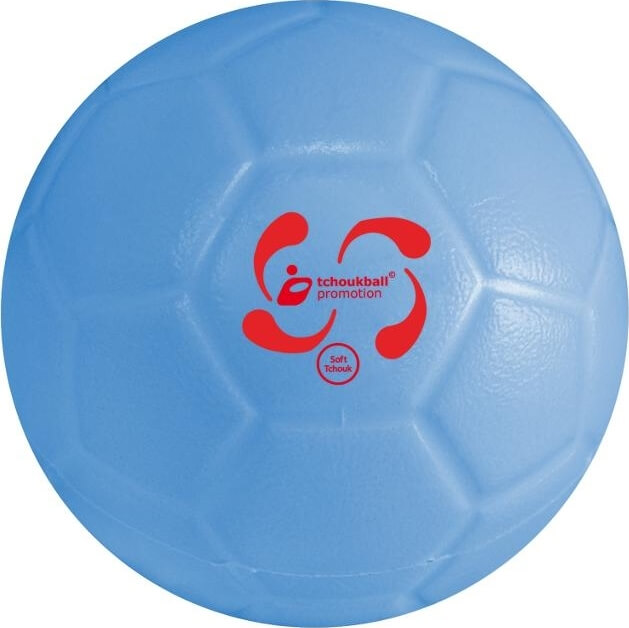 Ein blauer Tchoukball, ideal für Sport und Training, mit einem roten Logo in der Mitte.