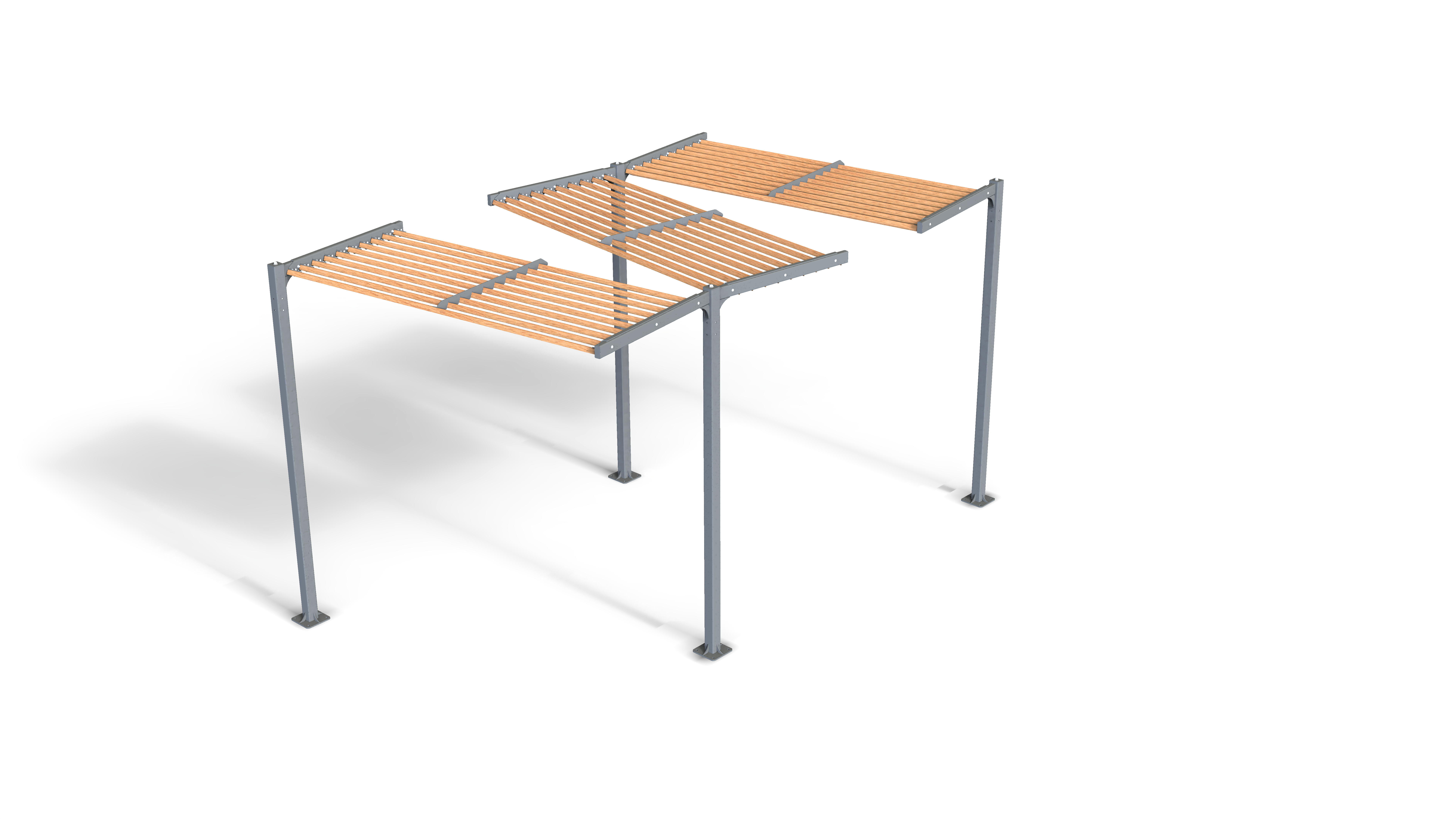Die Abbildung zeigt eine innovative Pergola mit einem Gestell aus Metall und Holzlamellen für stilvollen Sonnenschutz.