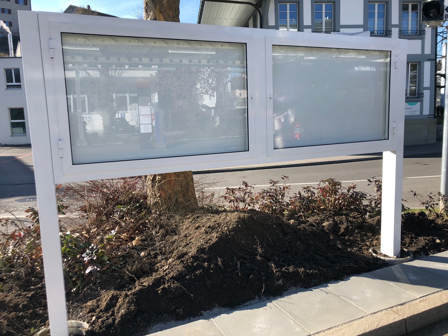 Leerer Schaukästen auf einem Bürgersteig in einer Stadt, umgeben von Erde und Pflanzen